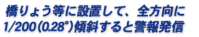橋りょう等の構造物に設置して1/200（0.286°）傾斜すると警報発信