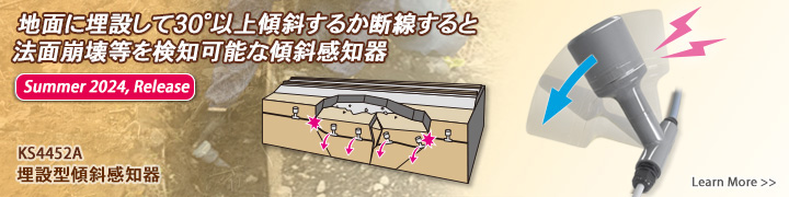 地面に埋設して30°以上傾斜するか断線すると法面崩壊を検知可能な傾斜感知器（2024年夏リリース）